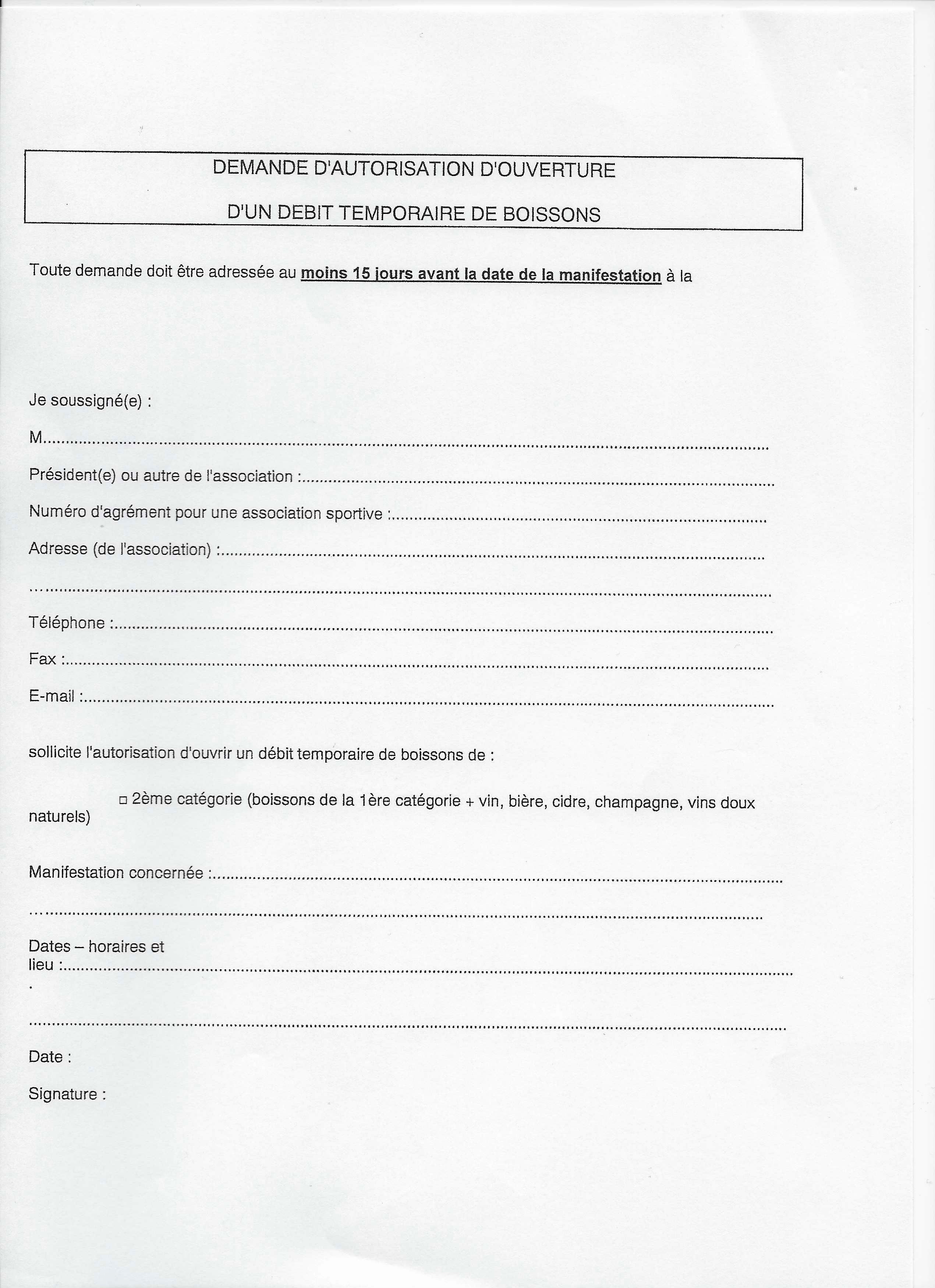 Demande autorisation ouverture temporaire débit de boisson